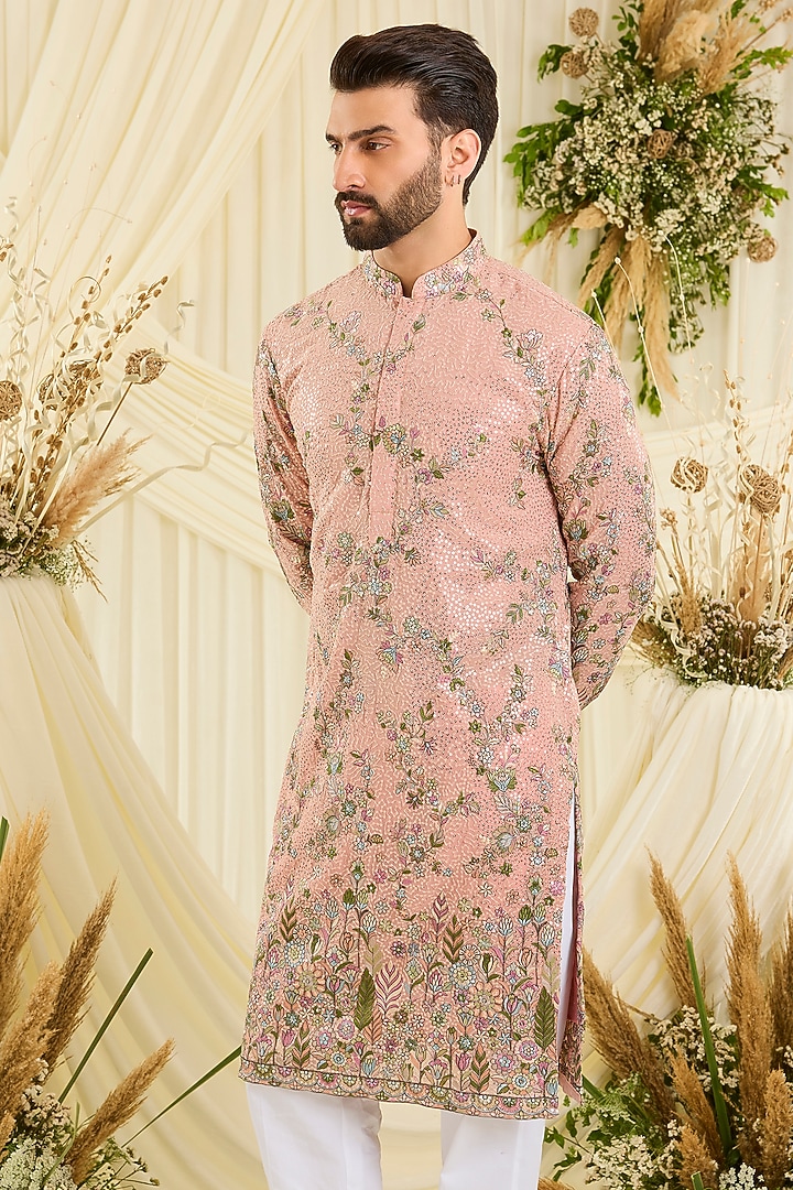 Peach Georgette Threadwork Kurta by Kasbah Clothing at Pernia's Pop Up Shop