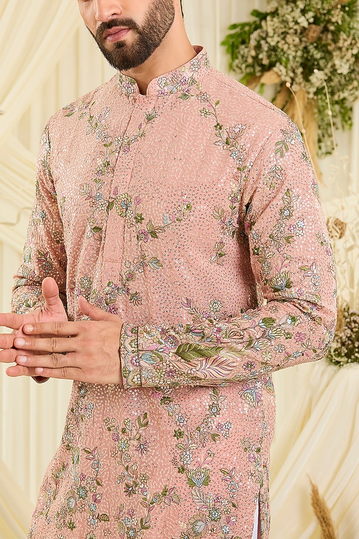 Peach Georgette Threadwork Kurta by Kasbah Clothing at Pernia's Pop Up Shop
