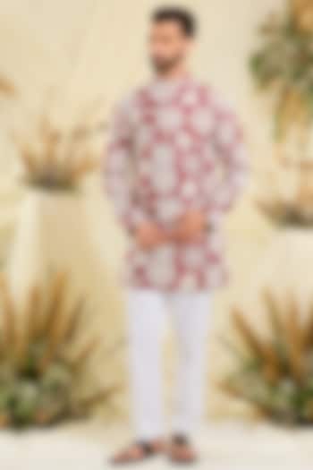 Red Silk Floral Embroidered Short Kurta by Kasbah Clothing at Pernia's Pop Up Shop