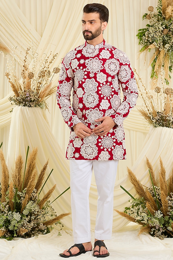 Red Silk Floral Embroidered Short Kurta by Kasbah Clothing at Pernia's Pop Up Shop