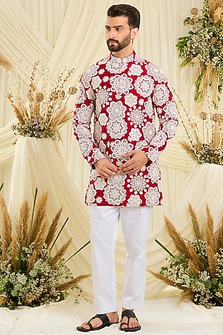 Red Silk Floral Embroidered Short Kurta by Kasbah Clothing