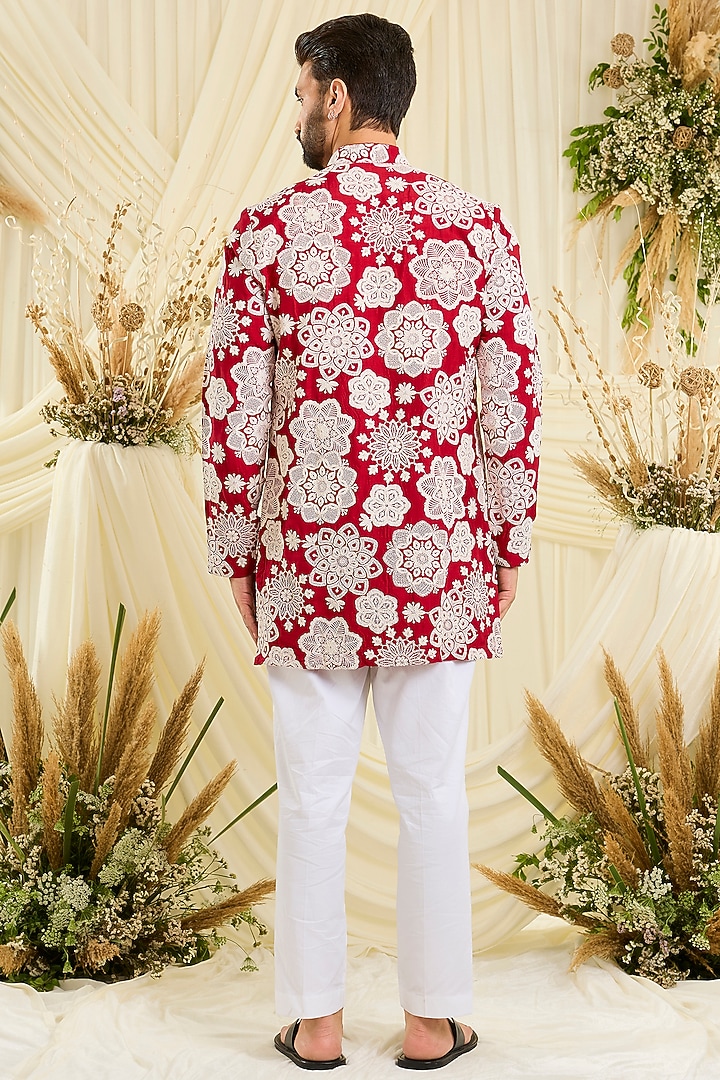 Red Silk Floral Embroidered Short Kurta by Kasbah Clothing at Pernia's Pop Up Shop