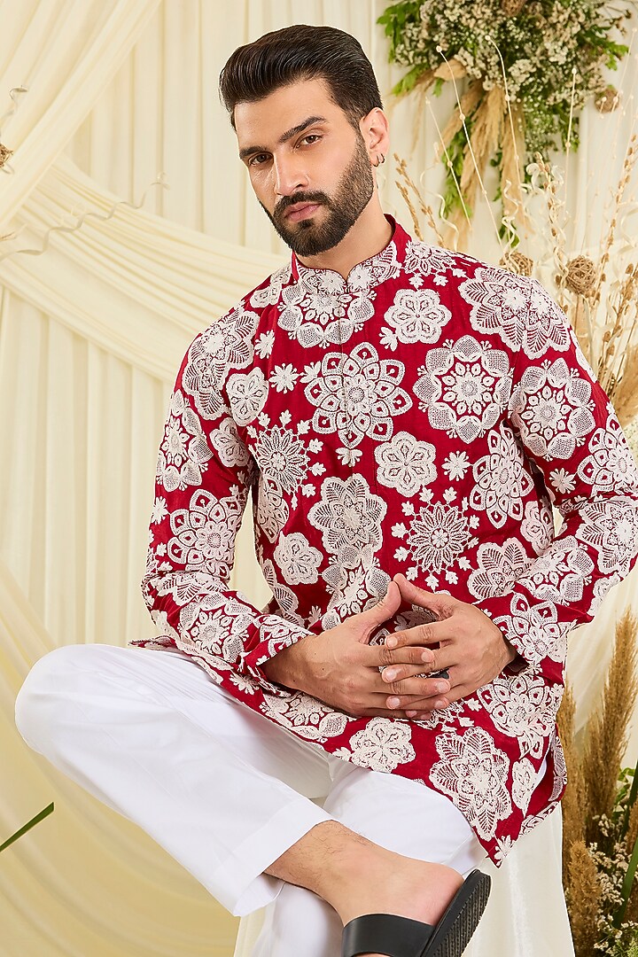 Red Silk Floral Embroidered Short Kurta by Kasbah Clothing at Pernia's Pop Up Shop