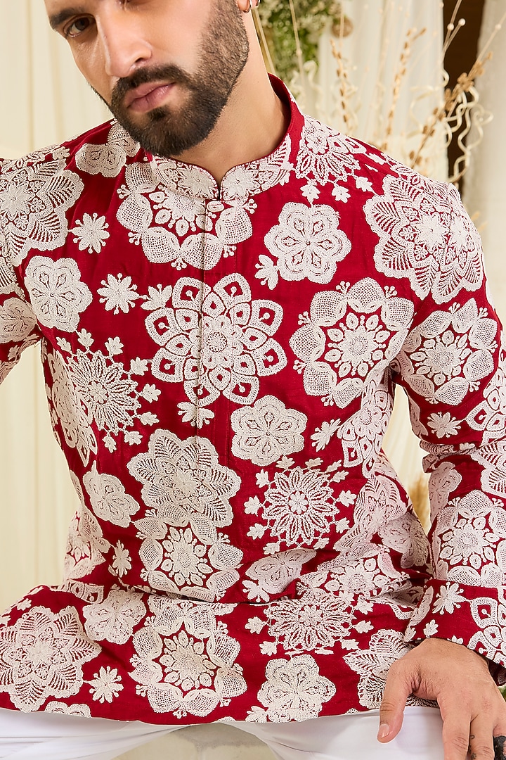 Red Silk Floral Embroidered Short Kurta by Kasbah Clothing at Pernia's Pop Up Shop