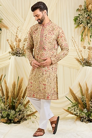 Cream-Gold Georgette Threadwork Kurta by Kasbah Clothing