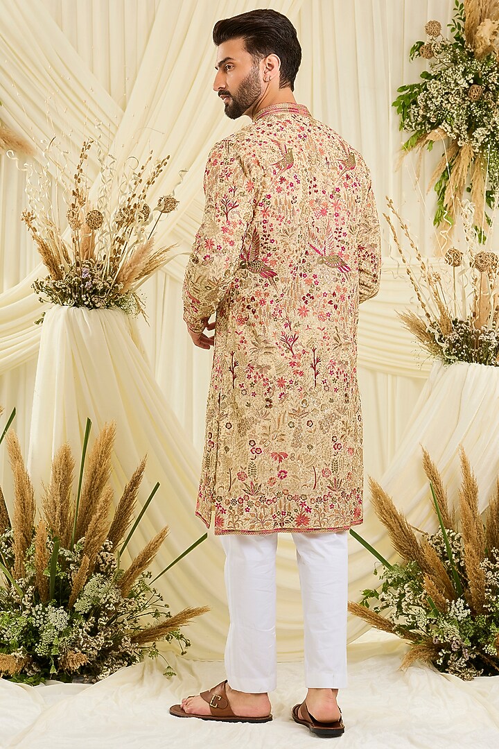 Cream-Gold Georgette Threadwork Kurta by Kasbah Clothing at Pernia's Pop Up Shop