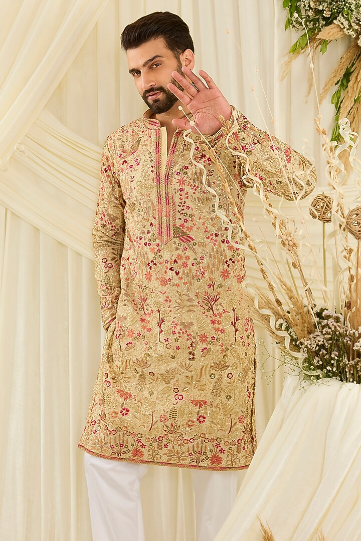 Cream-Gold Georgette Threadwork Kurta by Kasbah Clothing at Pernia's Pop Up Shop