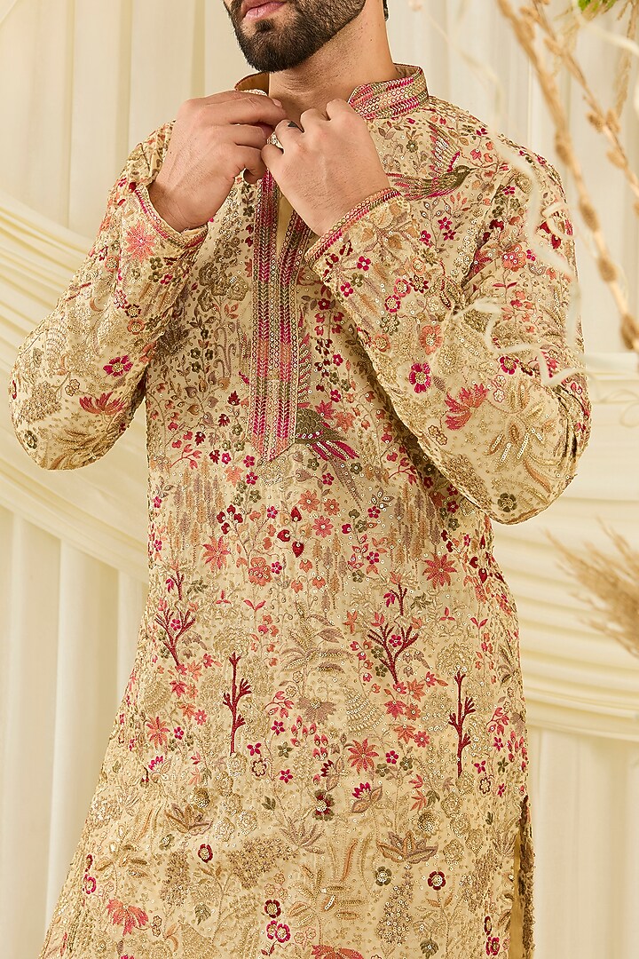 Cream-Gold Georgette Threadwork Kurta by Kasbah Clothing at Pernia's Pop Up Shop