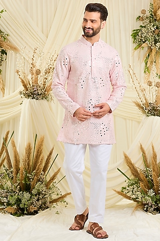 Baby Pink Silk Mirror Work Kurta by Kasbah Clothing