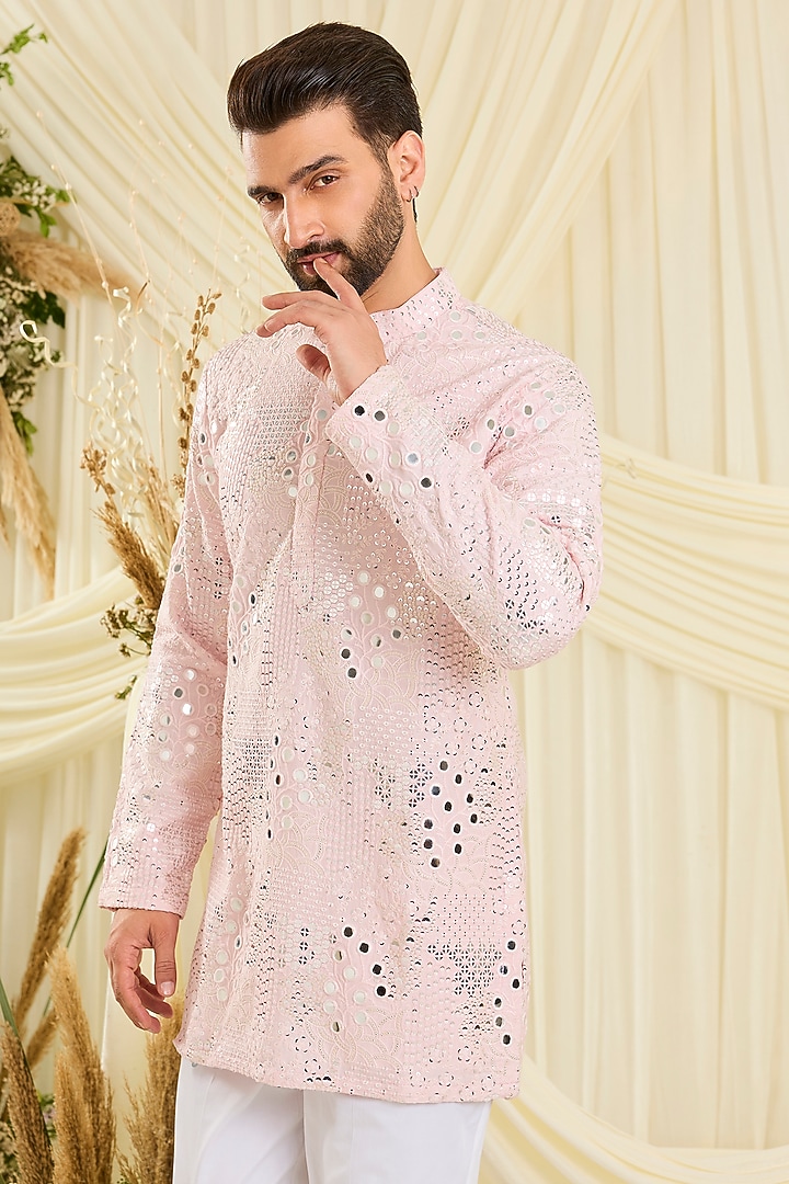Baby Pink Silk Mirror Work Kurta by Kasbah Clothing at Pernia's Pop Up Shop