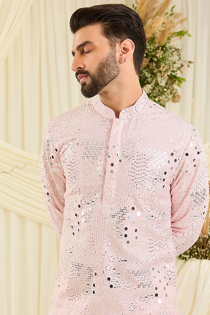 Baby Pink Silk Mirror Work Kurta by Kasbah Clothing at Pernia's Pop Up Shop