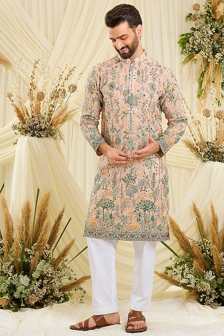 Light Peach Georgette Sequins Embroidered Kurta by Kasbah Clothing at Pernia's Pop Up Shop