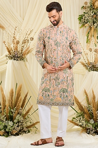Light Peach Georgette Sequins Embroidered Kurta by Kasbah Clothing