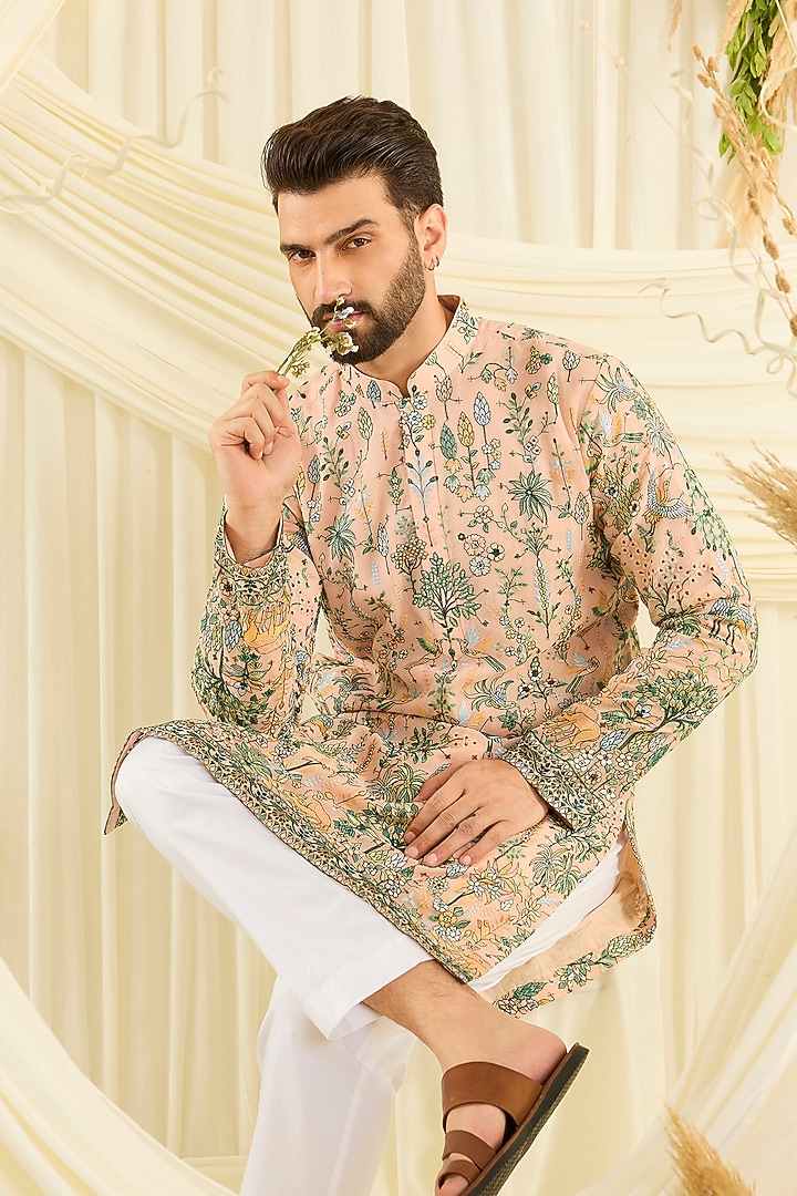 Light Peach Georgette Sequins Embroidered Kurta by Kasbah Clothing at Pernia's Pop Up Shop
