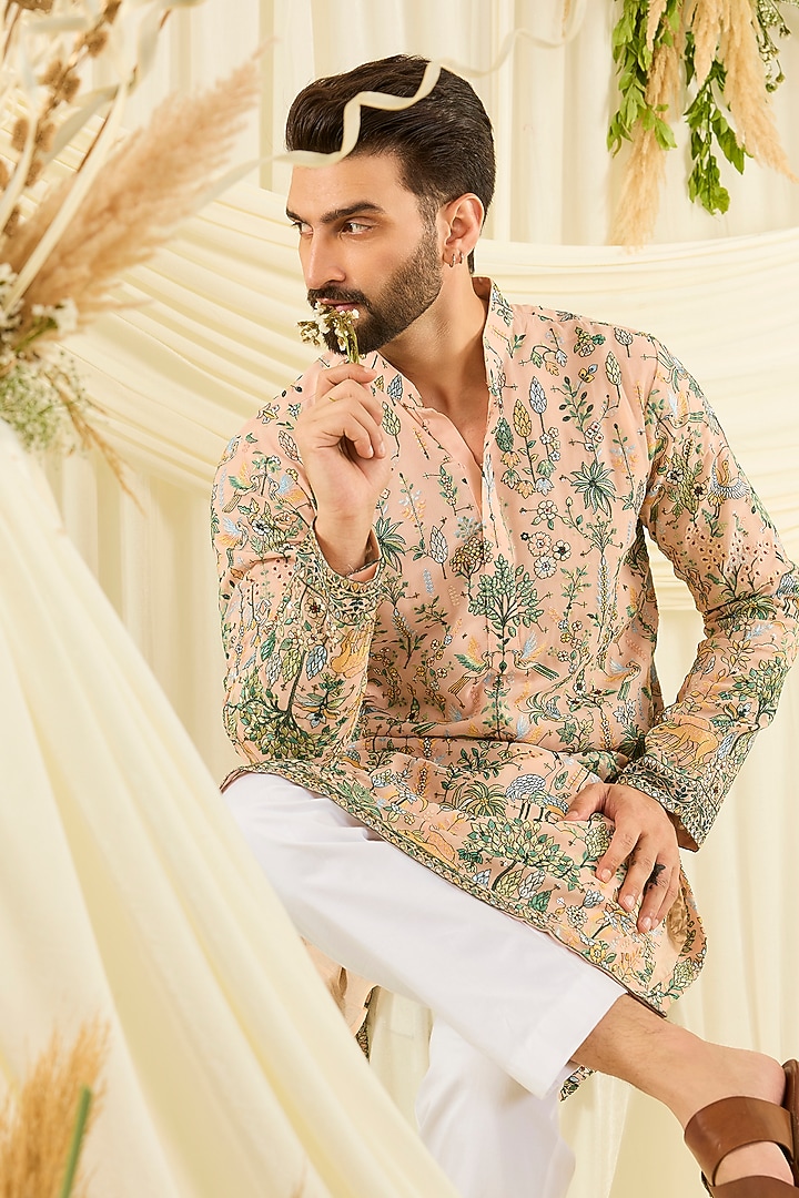 Light Peach Georgette Sequins Embroidered Kurta by Kasbah Clothing at Pernia's Pop Up Shop