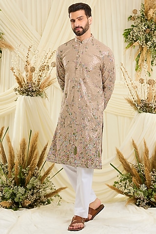 Brown Georgette Sequins Embroidered Kurta by Kasbah Clothing