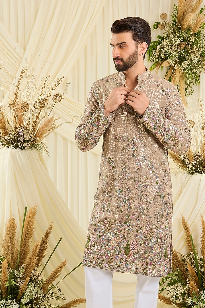 Brown Georgette Sequins Embroidered Kurta by Kasbah Clothing at Pernia's Pop Up Shop