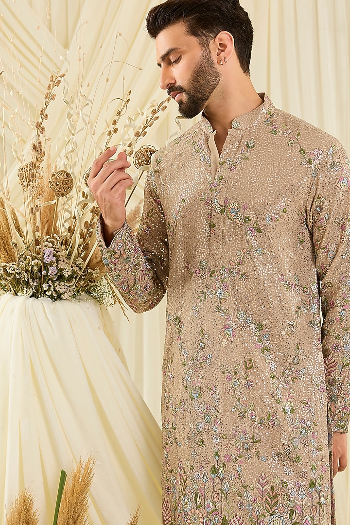 Brown Georgette Sequins Embroidered Kurta by Kasbah Clothing at Pernia's Pop Up Shop