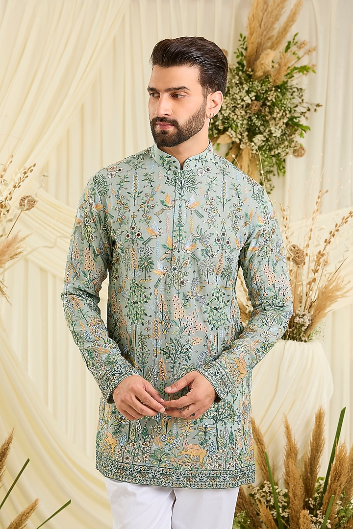 Bluish Green Georgette Embroidered Short Kurta by Kasbah Clothing at Pernia's Pop Up Shop