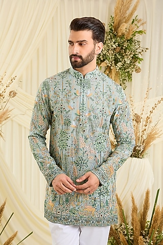 Bluish Green Georgette Embroidered Short Kurta by Kasbah Clothing
