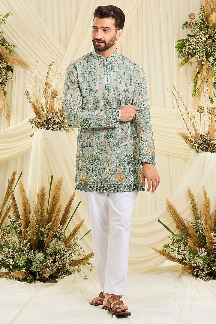 Bluish Green Georgette Embroidered Short Kurta by Kasbah Clothing at Pernia's Pop Up Shop