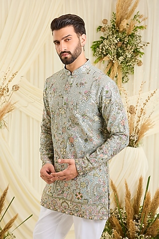 Blue Georgette Embroidered Short Kurta by Kasbah Clothing