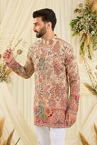 Peach Crepe Silk Zari Work Short Kurta by Kasbah Clothing