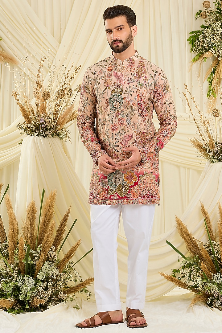 Peach Crepe Silk Zari Work Short Kurta by Kasbah Clothing at Pernia's Pop Up Shop