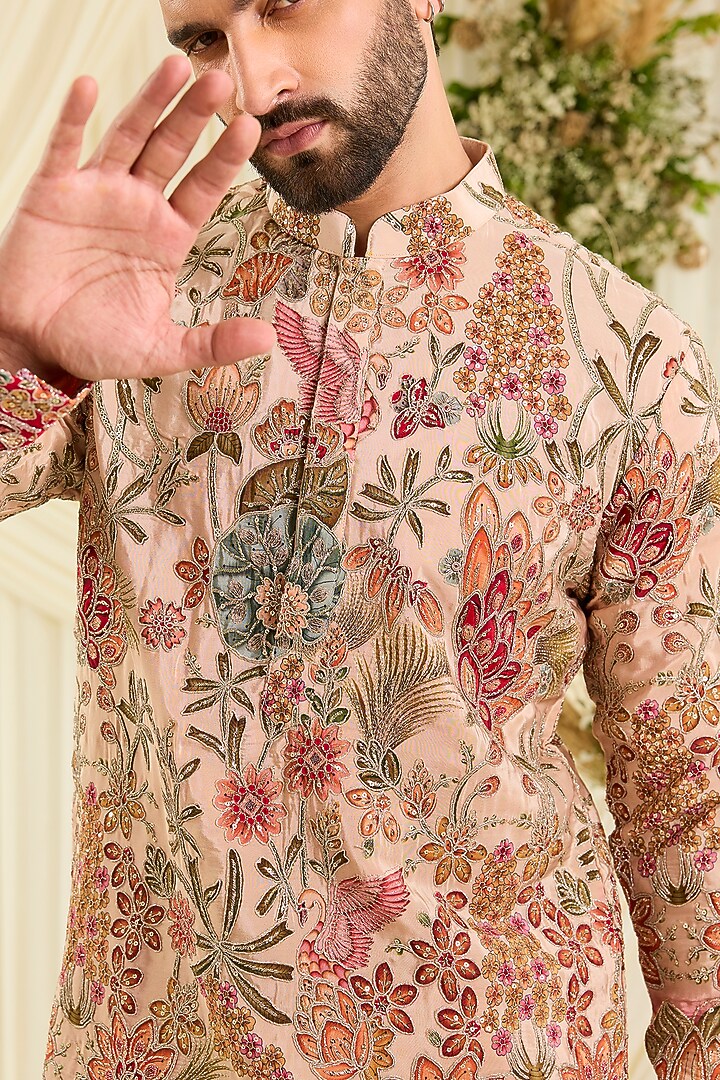 Peach Crepe Silk Zari Work Short Kurta by Kasbah Clothing at Pernia's Pop Up Shop