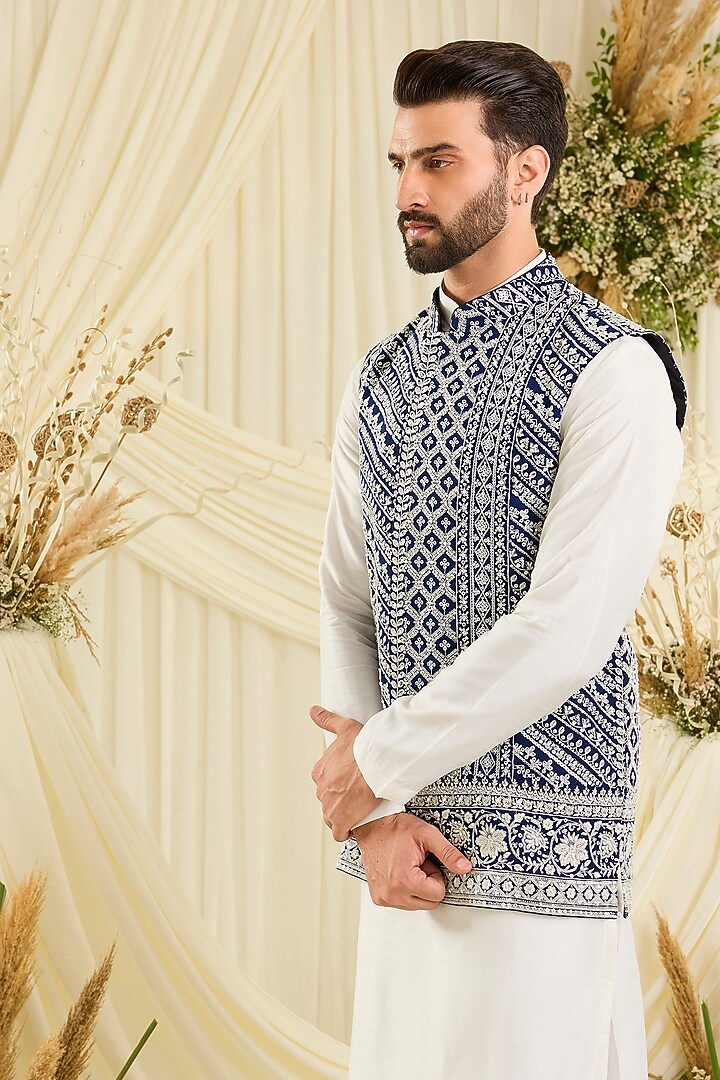 Royal Blue Georgette Hand Embellished Nehru Jacket by Kasbah Clothing at Pernia's Pop Up Shop