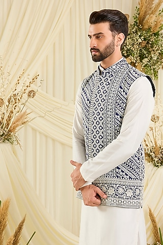 Royal Blue Georgette Hand Embellished Nehru Jacket by Kasbah Clothing