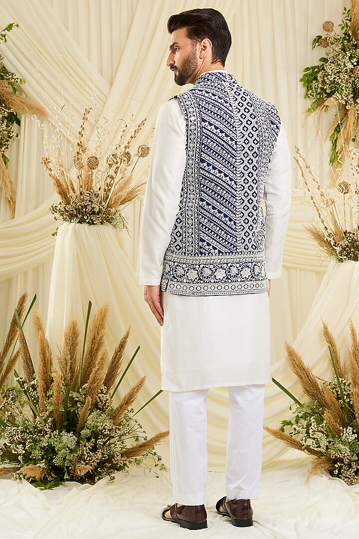 Royal Blue Georgette Hand Embellished Nehru Jacket by Kasbah Clothing at Pernia's Pop Up Shop