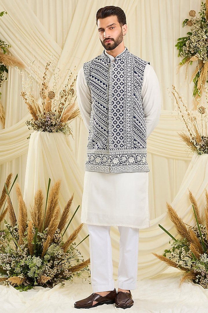 Royal Blue Georgette Hand Embellished Nehru Jacket by Kasbah Clothing at Pernia's Pop Up Shop