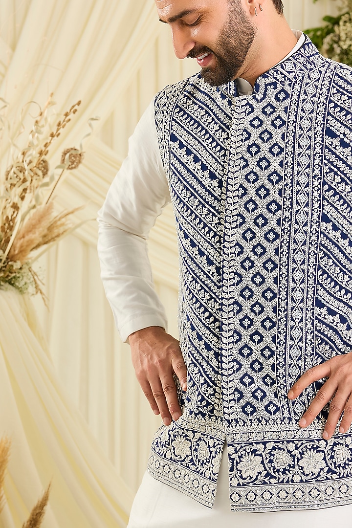 Royal Blue Georgette Hand Embellished Nehru Jacket by Kasbah Clothing at Pernia's Pop Up Shop