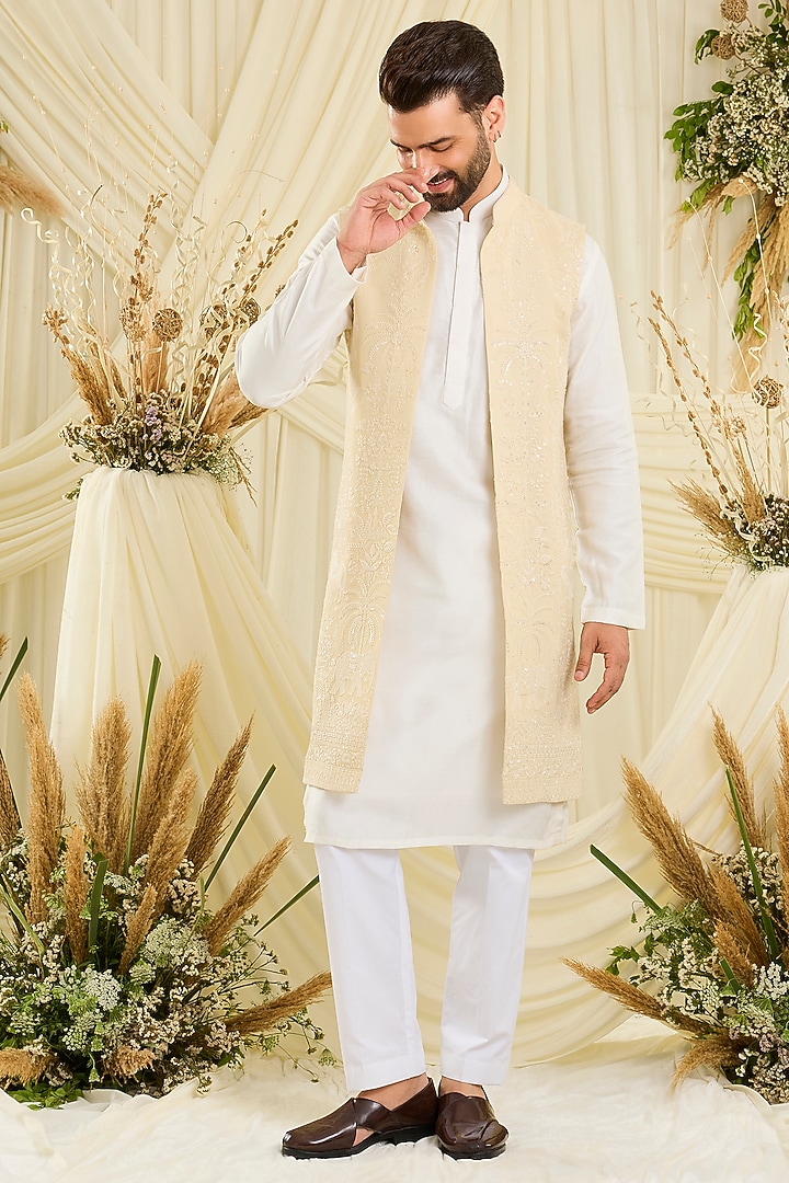 Yellow Georgette Sequins Embroidered Long Open Jacket by Kasbah Clothing at Pernia's Pop Up Shop
