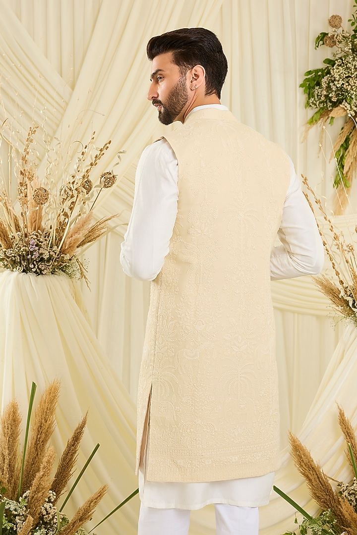Yellow Georgette Sequins Embroidered Long Open Jacket by Kasbah Clothing at Pernia's Pop Up Shop