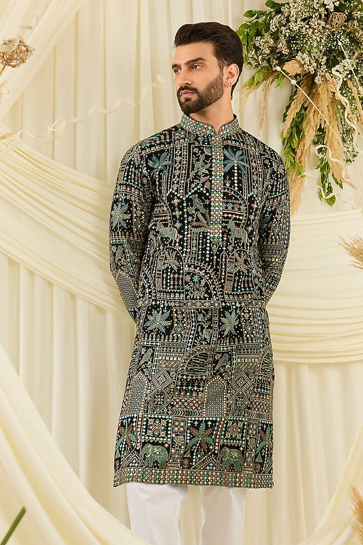 Black Georgette Mirror Embroidered Kurta by Kasbah Clothing at Pernia's Pop Up Shop