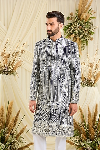 Royal Blue Georgette Hand Embellished Sherwani by Kasbah Clothing