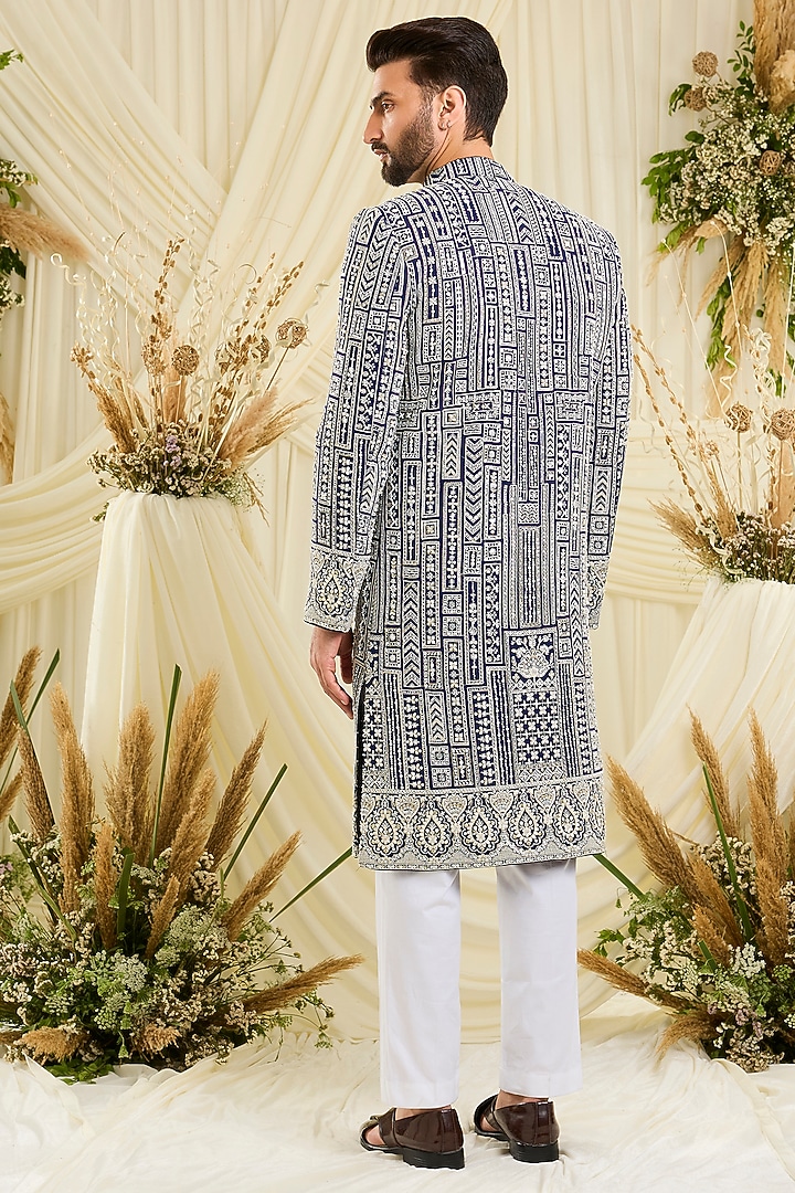 Royal Blue Georgette Hand Embellished Wedding Sherwani by Kasbah Clothing at Pernia's Pop Up Shop
