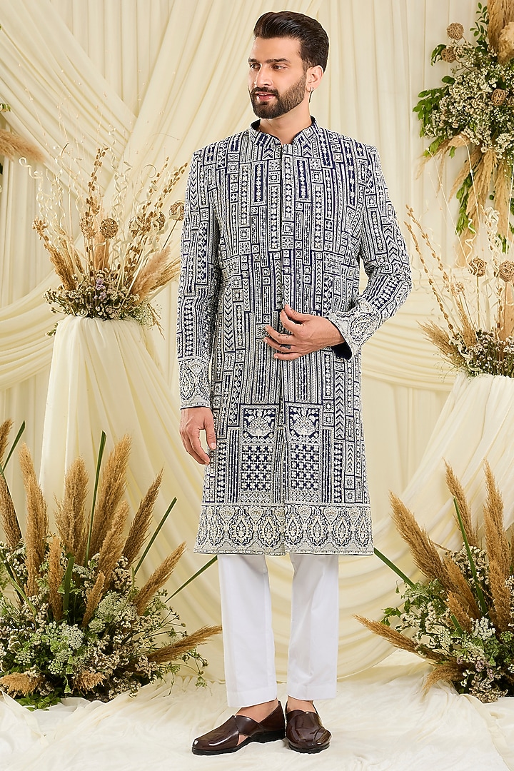 Royal Blue Georgette Hand Embellished Wedding Sherwani by Kasbah Clothing at Pernia's Pop Up Shop
