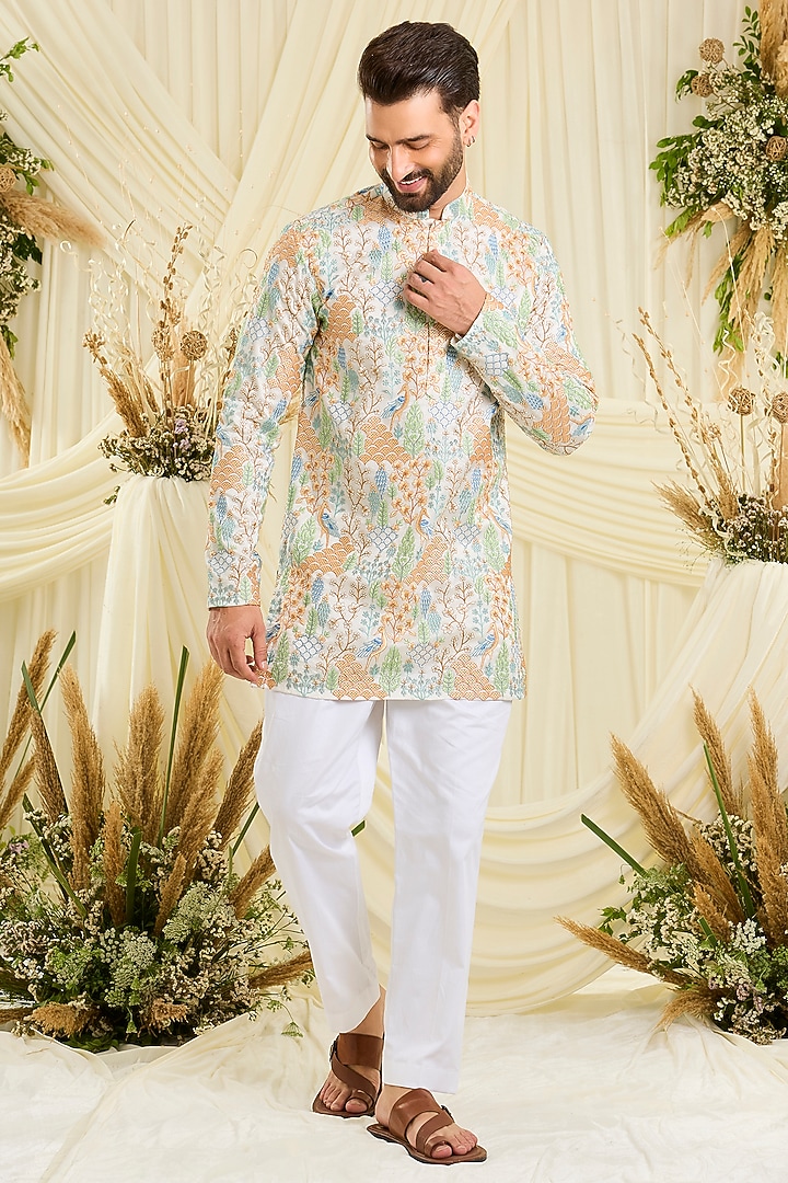 Ivory Silk Embroidered Short Kurta by Kasbah Clothing at Pernia's Pop Up Shop