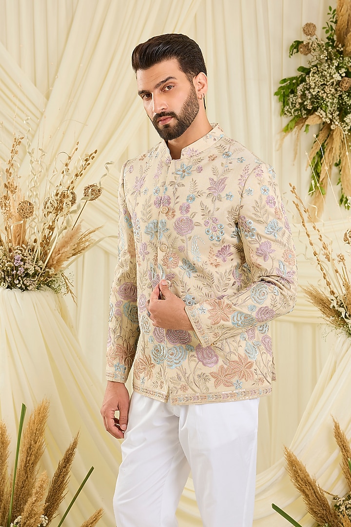 Cream-Gold Tissue Cutdana Embellished Wedding Bandhgala by Kasbah Clothing at Pernia's Pop Up Shop