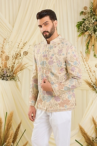 Cream-Gold Tissue Cutdana Embellished Bandhgala by Kasbah Clothing