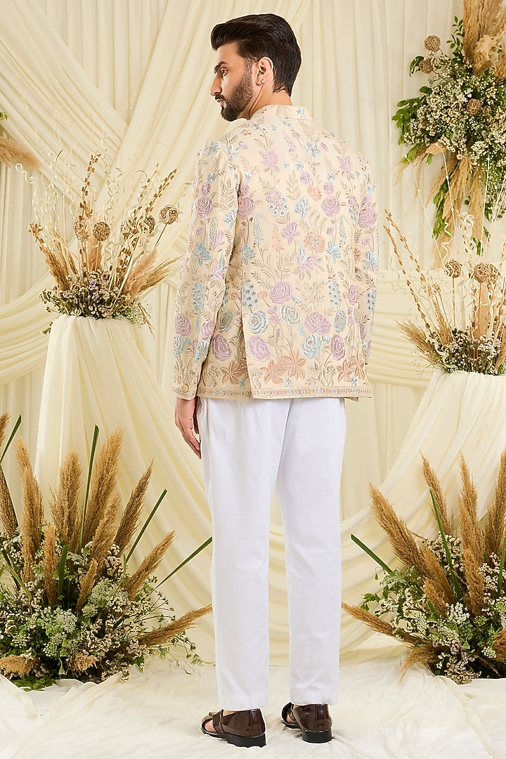 Cream-Gold Tissue Cutdana Embellished Wedding Bandhgala by Kasbah Clothing at Pernia's Pop Up Shop