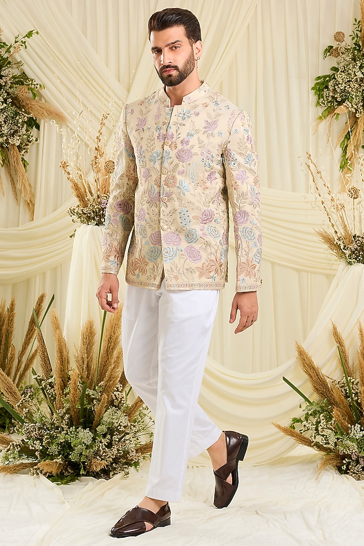 Cream-Gold Tissue Cutdana Embellished Wedding Bandhgala by Kasbah Clothing at Pernia's Pop Up Shop