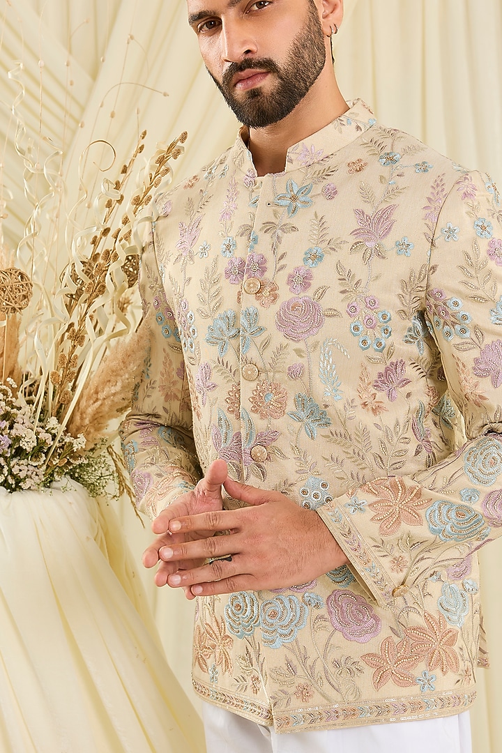 Cream-Gold Tissue Cutdana Embellished Wedding Bandhgala by Kasbah Clothing at Pernia's Pop Up Shop