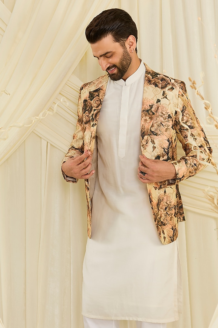 Beige Poly Crepe Floral Printed Blazer by Kasbah Clothing at Pernia's Pop Up Shop
