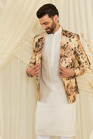 Beige Poly Crepe Floral Printed Blazer by Kasbah Clothing
