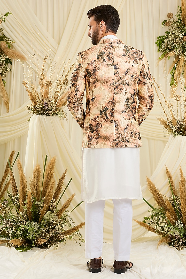 Beige Poly Crepe Floral Printed Blazer by Kasbah Clothing at Pernia's Pop Up Shop