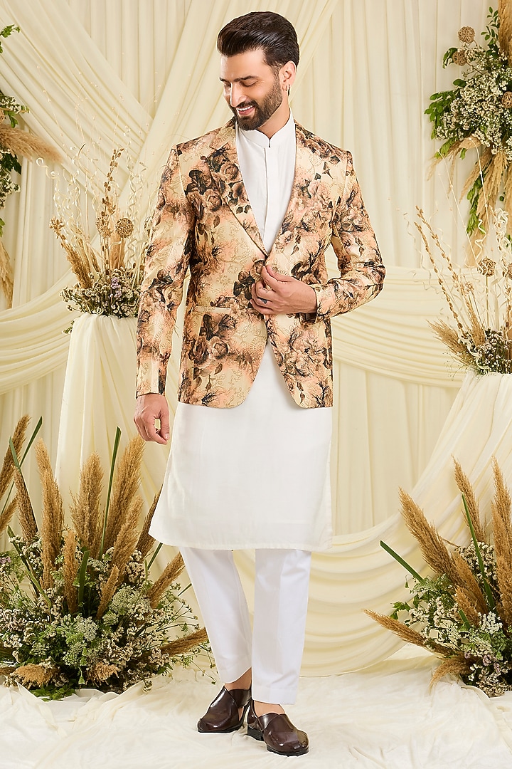 Beige Poly Crepe Floral Printed Blazer by Kasbah Clothing at Pernia's Pop Up Shop